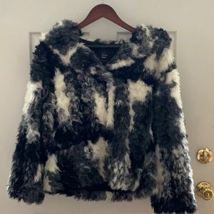 ZARA Black & White Faux Fur Hooded Coat‎
